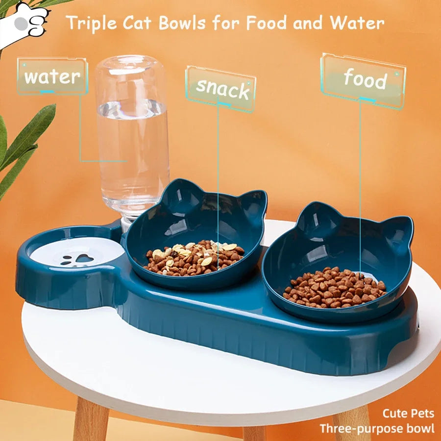 Triple Cat Bowls with Automatic Water Dispenser – Anti-Tipping, Neck Protection Design - Pets Personalized