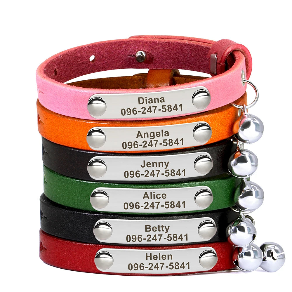 Custom Leather Cat Collar with Bell - Pets Personalized