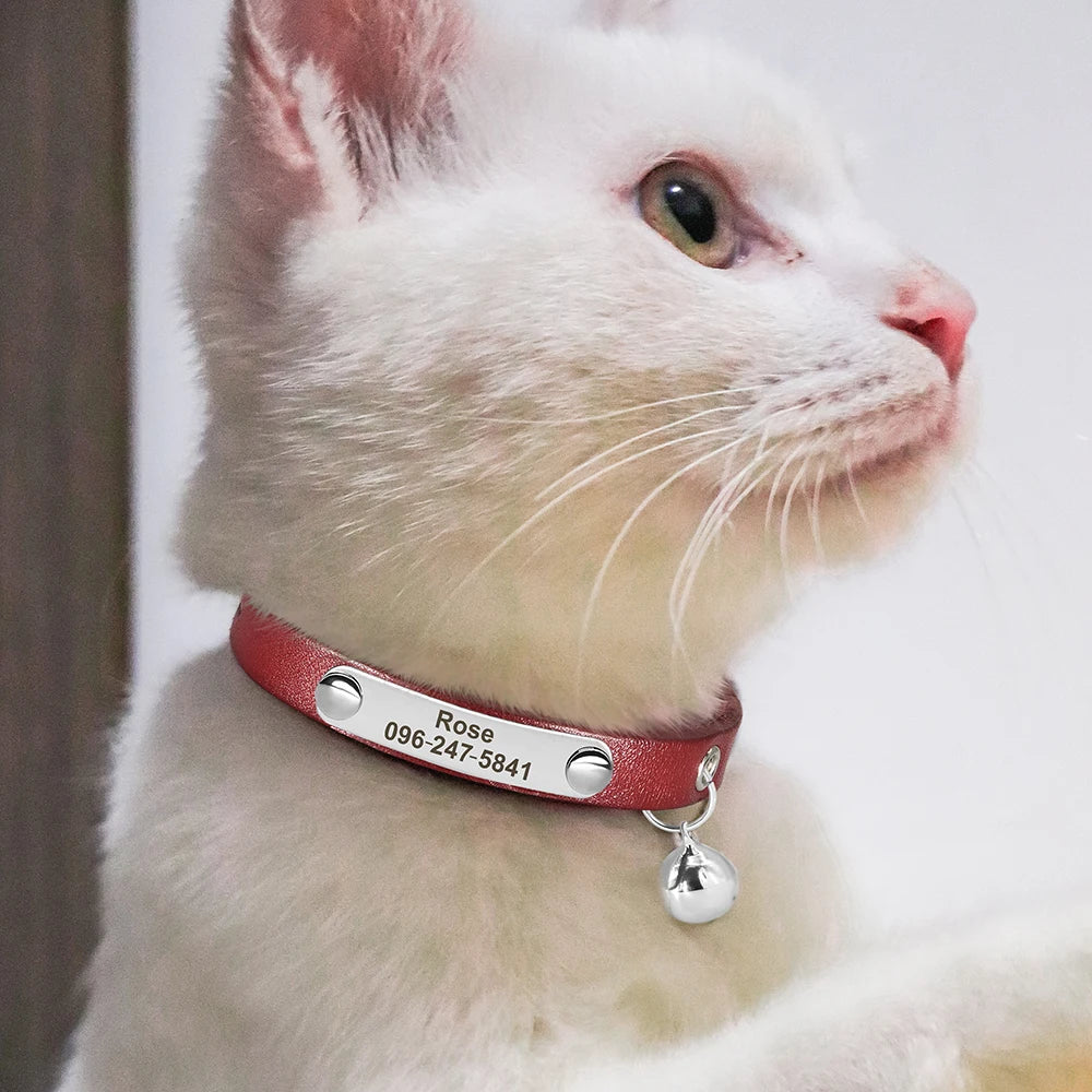 Custom Leather Cat Collar with Bell - Pets Personalized